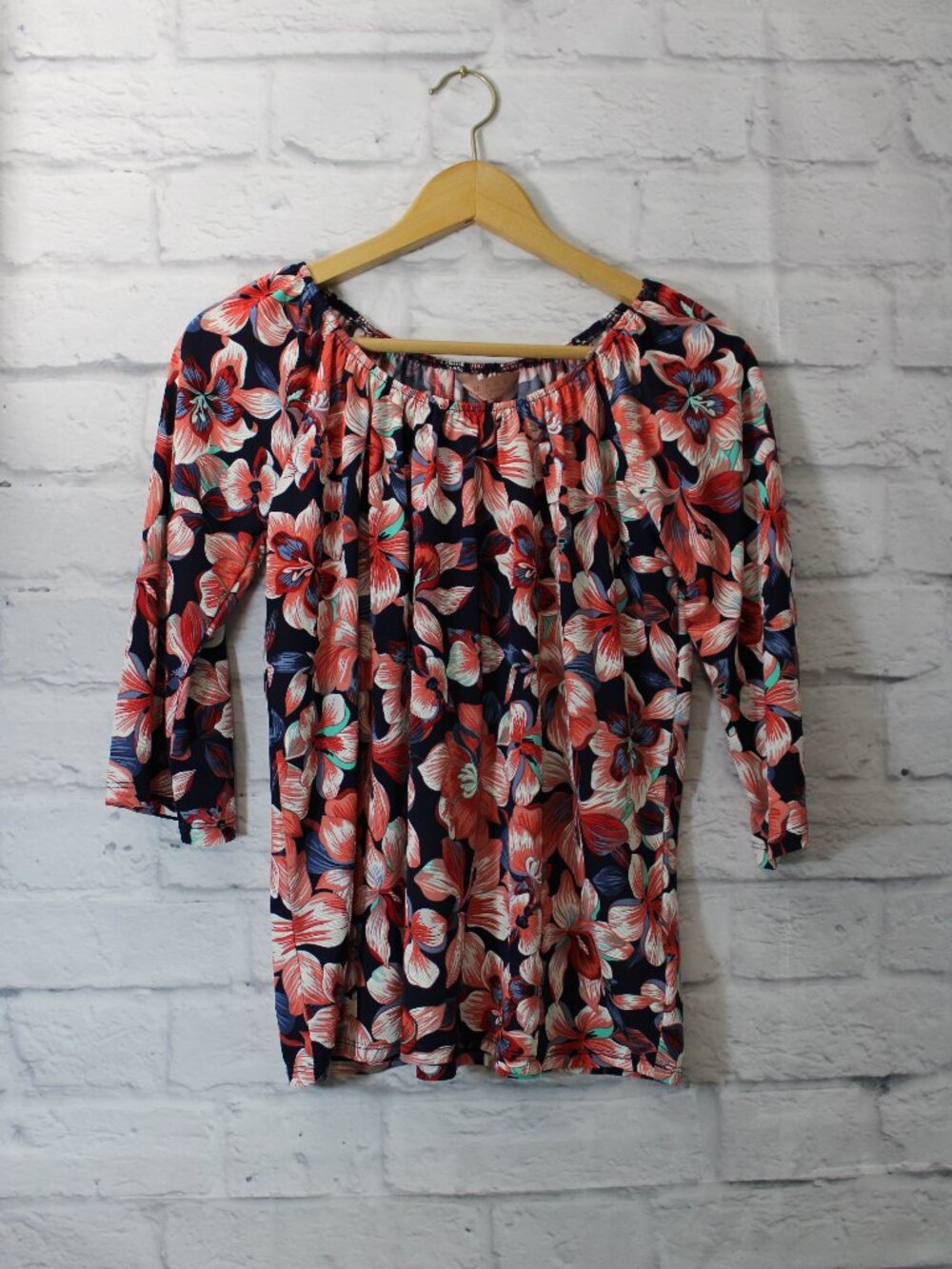 Amana Small Pink Coral Bold Vibrant Floral Round Neck Peasant Blouse